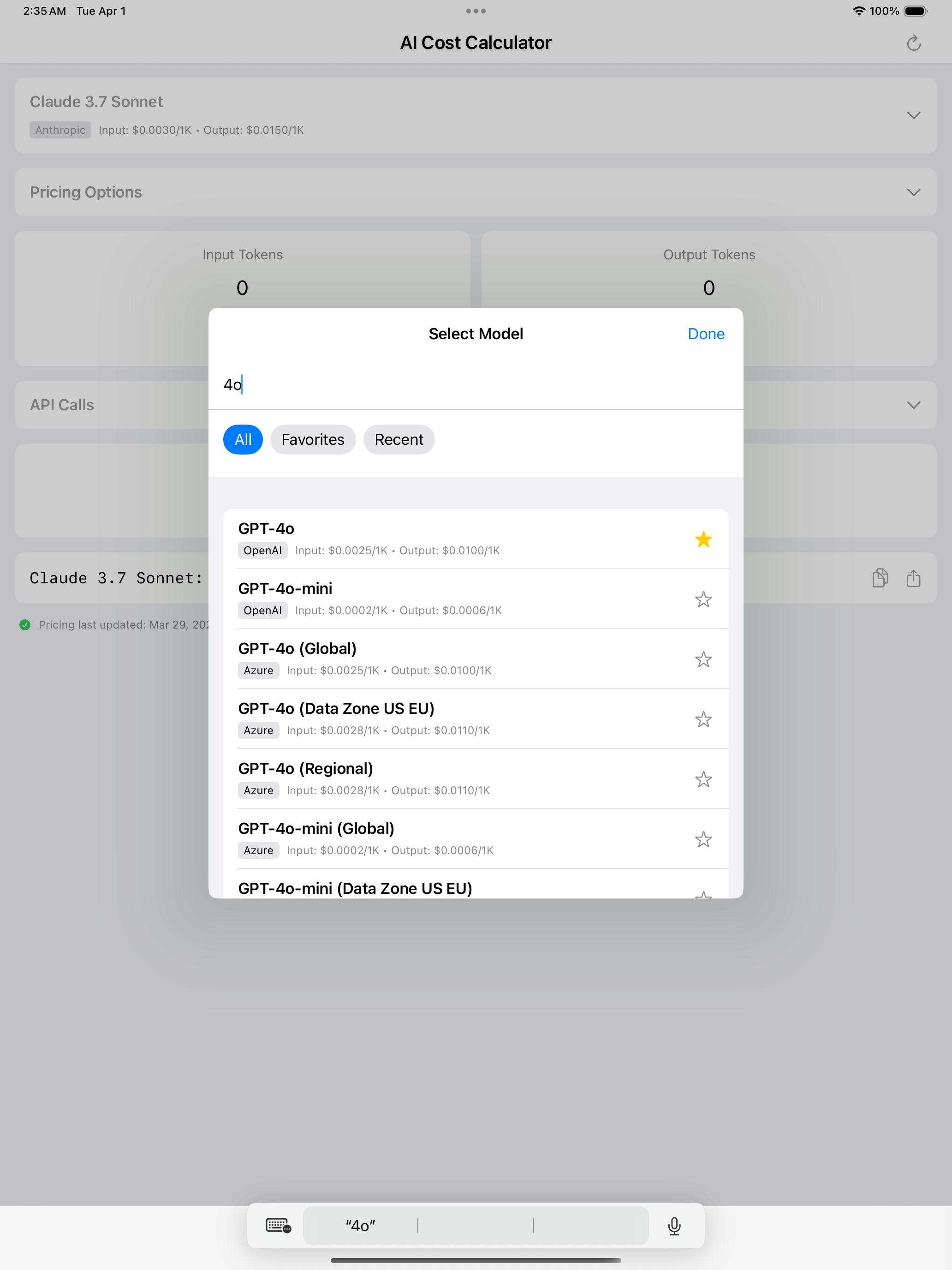 AI Cost Calc iPad - Dark Mode